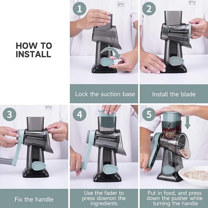 3 in 1 Rotary Cheese Grater Hand Crank with Strong Suction Base | Cheese Shredder with 3 Detachable Blades, Slices, Chops & Shreds Veggies & Nuts, Dishwasher Safe, GreyBlue