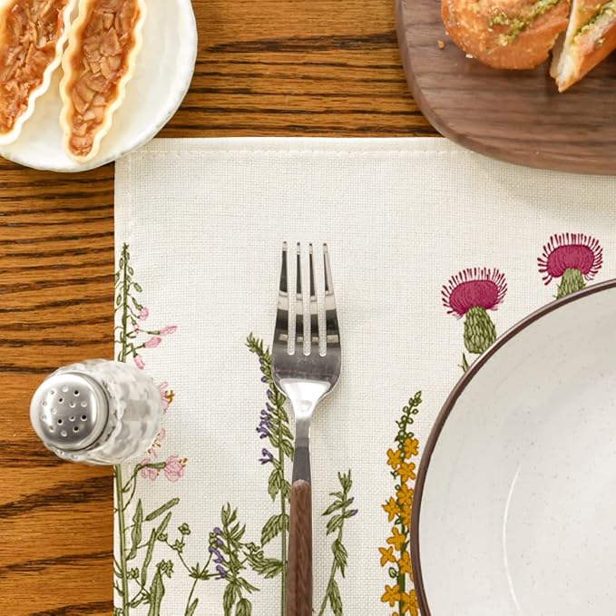 Artoid Mode Antique Herbs and Wild Flowers Summer Placemats Set of 12, 12x18 Inch Seasonal Wildflower Spring Table Mats for Party Kitchen Dining Decoration