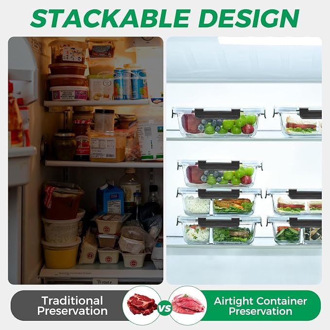 6 Pack Glass Storage Containers with Lids, 1 & 2 & 3 Compartments | 6-Pack Divided Glass Food Storage Containers, Airtight Leakproof, BPA-Free, Microwave/Dishwasher/Freezer Safe, Stackable