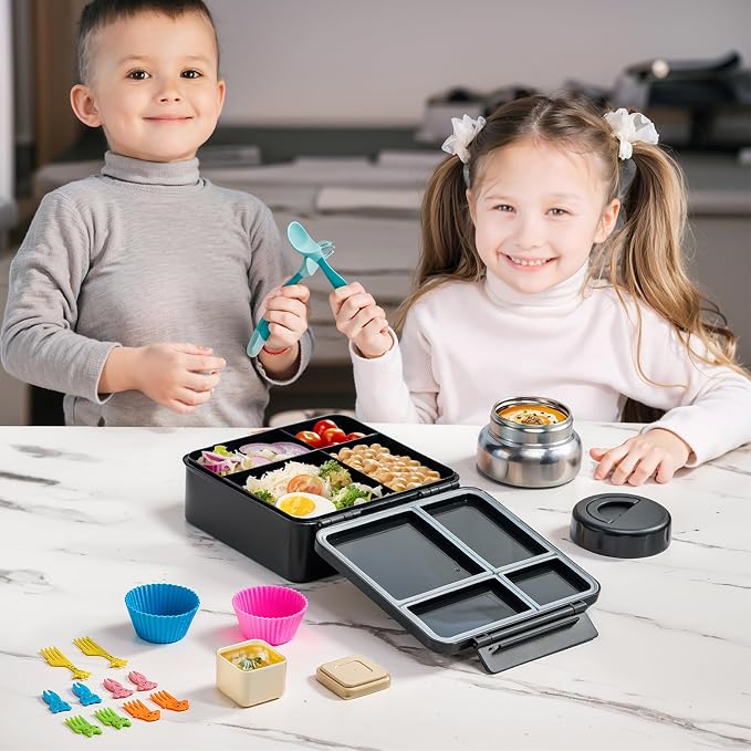 JSLOVE Bento Lunch Box with Leak Proof Thermos Food Jar for Kids, Food Lunch Containers for Boys with 4 Compartments, BPA-Free with Utensils, Food Picks, Sauce Jar & Silicone Lunch Box Dividers