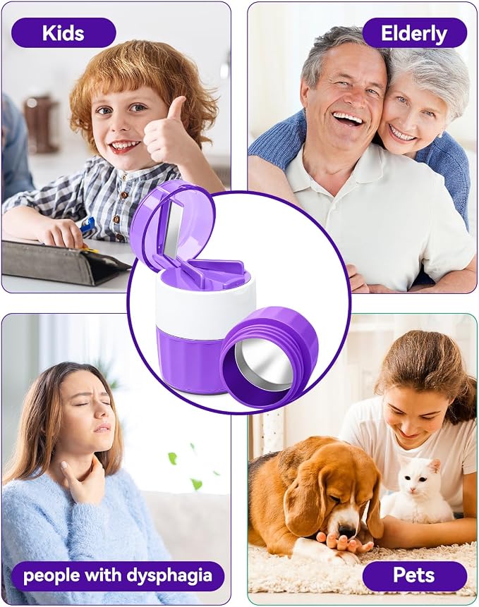 3-in-1 Pill Crusher & Cutter for Fine Powder, Portable - Purple | Features Stainless Steel Grinding Pestle for Fast Fine powder. Easy Open Pill Cutter & Crusher for Elderly and Pets.