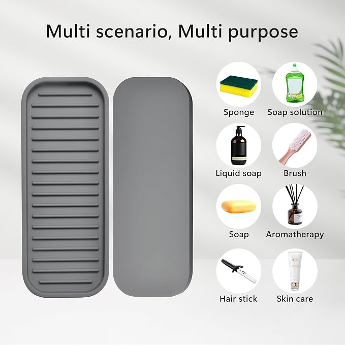 Silicone Sponge Holder for Kitchen Sink - Dish Soap Holder 2 Pack Gray | Waterproof sponge soap tray, dish sponge holder; kitchen counter/bath sink caddy Organizer, soap dispenser, scrubbers, makeup
