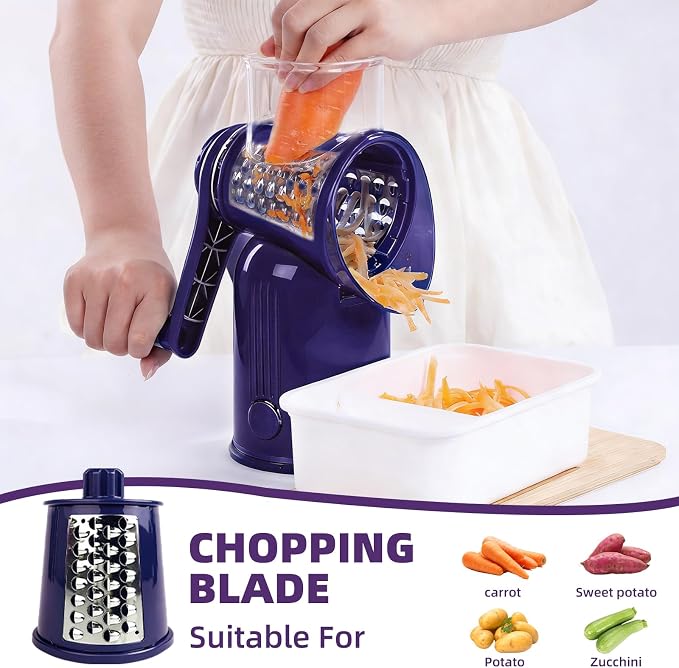 Rotary Cheese Grater with Handle, 5 Replaceable Blades(Purple) | Strong Suction Base, Round Food Slicer & Chopper for Kitchen Fruit Vegetables Nuts with Blade Storage Box