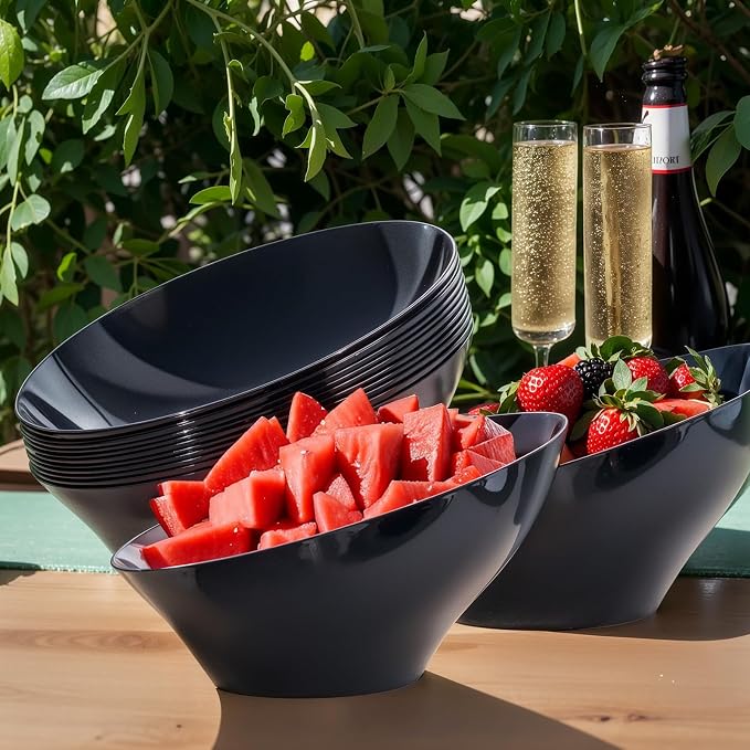 bUCLA 12 Pack Black Plastic Serving Bowls - 54 OZ Angled Bowls Disposable for Chip&Candy - Party Table Salad and Fruit for Party, Wedding & Graduation