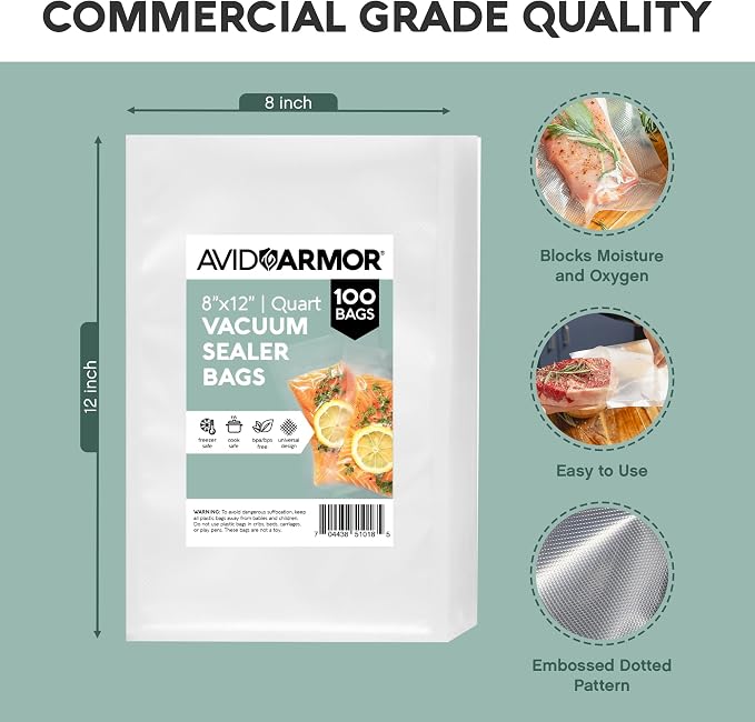 Avid Armor Food Vacuum Sealer Bags – 100-Pack, 8x12” Quart Freezer Bags | Clear Food Storage Bags with Deep Embossed Airtight Suction – Heat Resistant, Non-BPA Meal Prep Bags with Easy Tear Notch