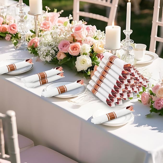 400PCS Pre Rolled Rose Gold Plastic Silverware Heavy Duty for Party | Individually Wrapped Utensils, 100 Guests, Durable and Sturdy, BPA free, Includes Matching Napkins, for Glamorous Weddings