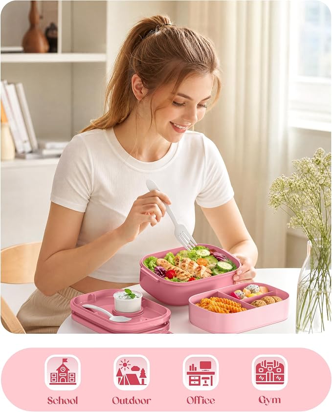 Bento Lunch Box, 65 oz 3-Tier Stackable Lunch Container, Adjustable 2/3 Tier Design, BPA-Free Food-Grade Plastic, Leakproof, Microwave & Dishwasher Safe, Pink