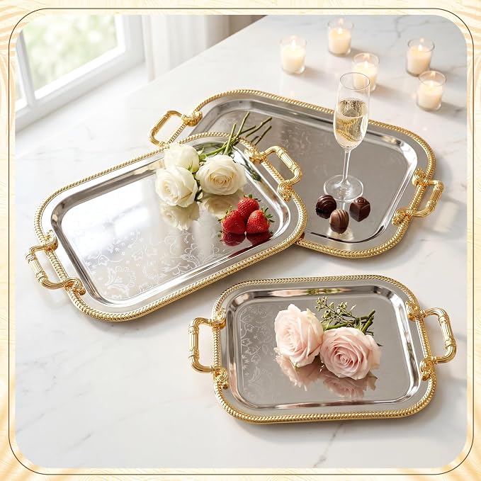 3 Pack Metal Serving Trays with Handles, Decorative Floral Platter Trays for Coffee Tea, Food, Dessert, Jewelry, for Buffet Wedding Party Kitchen Home Decor(Floral,Silver, Gold)