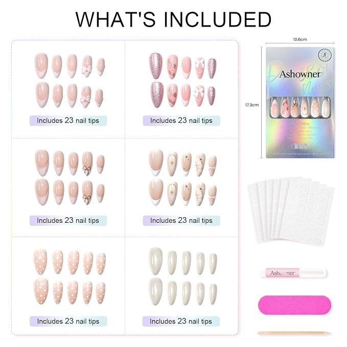 Press on Nails, 6 Packs (144 Pcs) Short Almond Sets, Cute 3D Bow French | 6-Style 12 Sizes, Glossy, Salon Quality, Reusable Full Cover, White Polka Dot Star Chrome Fake Nails