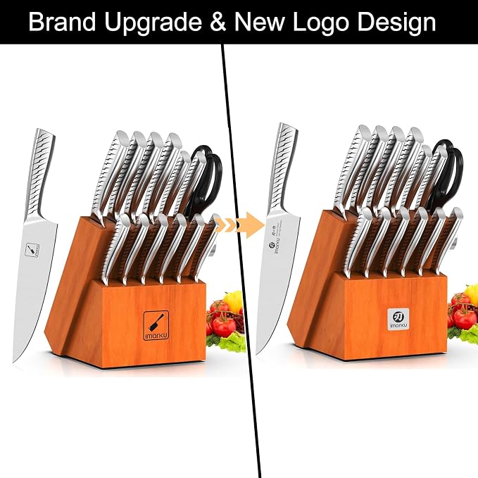 imarku® Knife Set, 14PCS Knife Sets for kitchen with block, One-Piece Kitchen Knife Sets with Built-in Sharpener, Stainless Steel Chef Knife Set with Lightning Stripes Handle, Dishwasher Safe(Wood)