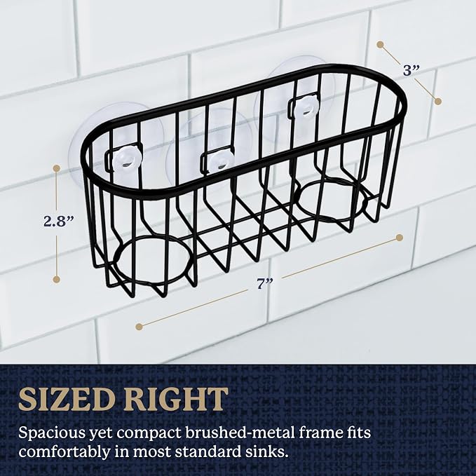 Farberware Metal Sponge Holder for Kitchen Sink, 7.13"x2.88"x3" | Triple suction cups grip steel, glass, or tile, open frame helps dry sponges faster, holds soap and brushes too