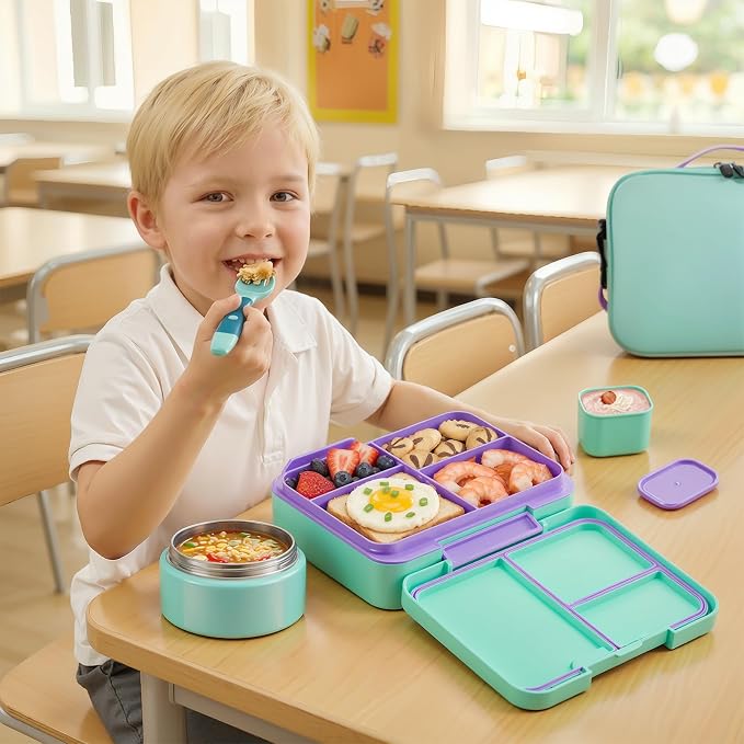 WyfKyd Bento Lunch Box Set with Soup Thermo Food Container for Kids Adults | Bento Box Set with 9.5oz Soup Thermo Kids Leak-proof Lunch Box Container with Insulated Hot Food Jar and Bag for School Green