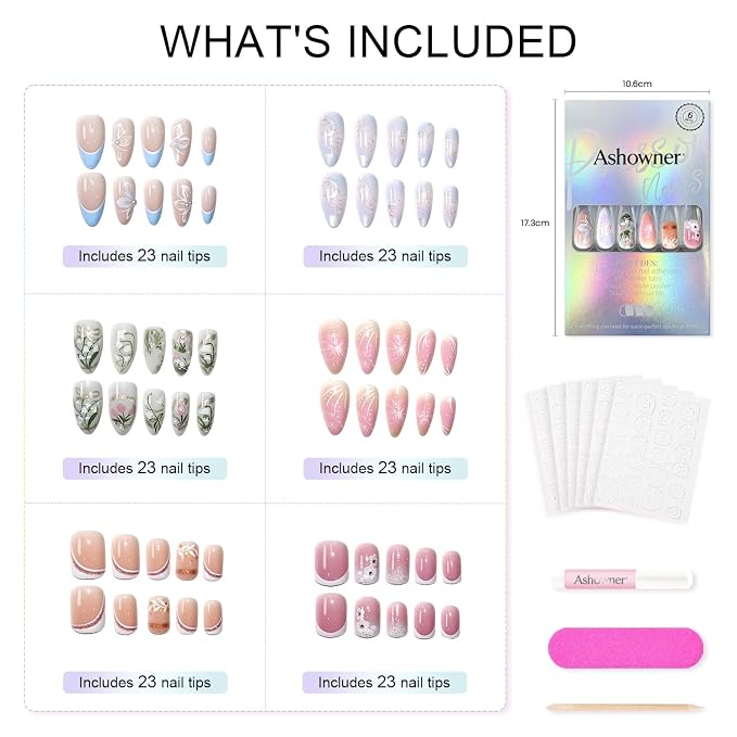 Press on Nails, 6 Packs (144 Pcs) Medium Almond Sets, Wedding French | 6-Style 12 Sizes, Glossy, Salon Quality, Reusable Full Cover, Pink Green Flower & Extra Short French Fake Nails