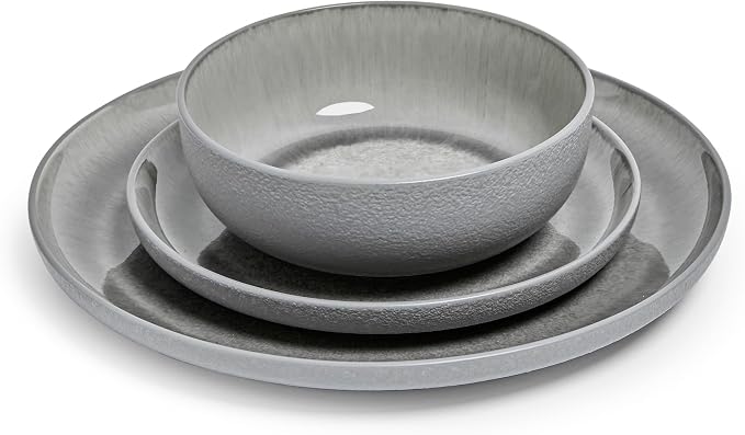 Sango Asher 12-Piece Stoneware Dinnerware Set for 4, Grey Ceramic Plates and Bowls Sets, Modern Dish Set with Reactive Glaze, Durable Kitchen Dishes for Casual Dining, Microwave & Dishwasher Safe