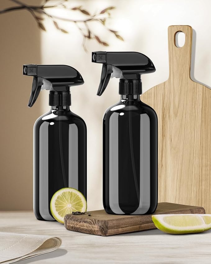 Bontip Glass Spray Bottle 16 oz for Cleaning, Plants (2 Pack, Black) | 16oz refillable black spray bottles 2 pack, BPA-free eco glass, With labels, Great for cleaners, plant misting, hair care