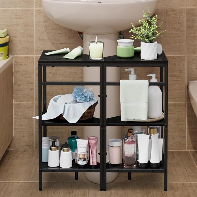 Under Pedestal Sink Storage Shelf 2 Pack Under Sink Organizers | 3-Tier Corner Shelf Stand Under Sink Storage Bathroom Vanity for Small Space,Bathroom Storage Rack Corner Shelves, Black
