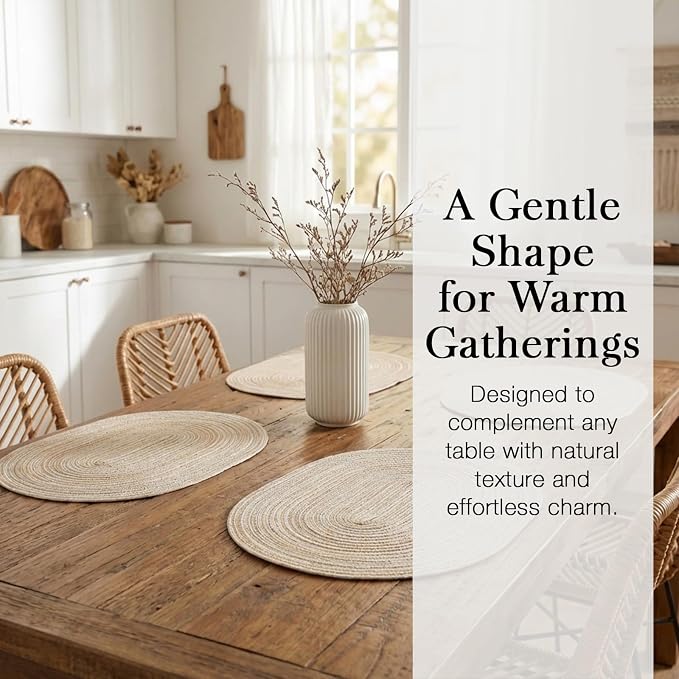 Placemats Set of 4, Woven Oval Braided Dining Table Mats(Beige) | 12 x 17.5 Inch Size Fits Plates and Flatware; Hand Washable and Heat Resistant for Kitchen Use, with Farmhouse and Boho Style