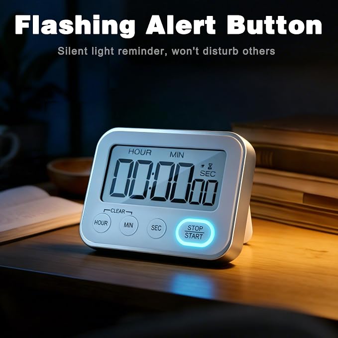 Digital Kitchen Timer Magnetic Loud Alarm, Large LCD Screen Silent/Beeping Multi-Function for Teachers Classroom Kids, Silver