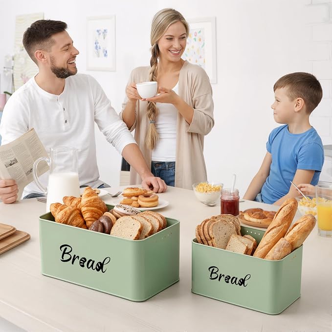 Metal Bread Box Set of 2 with Bamboo Lid, Modern Bread Storage Containers with Air Vents, Bamboo Cutting Board Lid, Farmhouse Kitchen Decor Organizer for Countertop, 2-Size (Large & Small)Sage Green