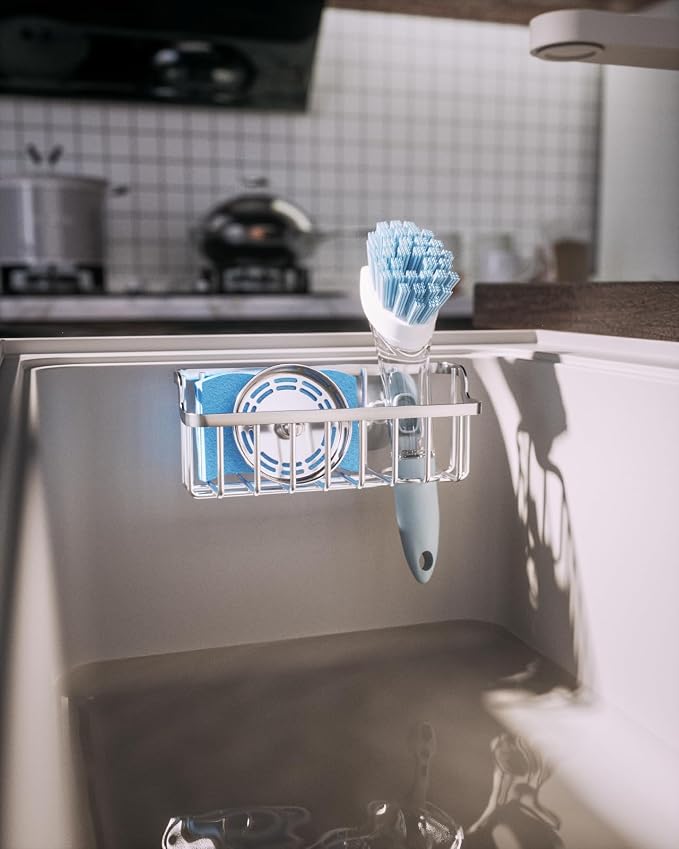 Consumest Sponge Holder Sink Caddy - Ladder Shaped Sponge Holder for Kitchen Sink with 2 Installation Ways (Suction Cups & Adhesive Hook), Rustproof Stainless Steel Kitchen Organizer, Silver