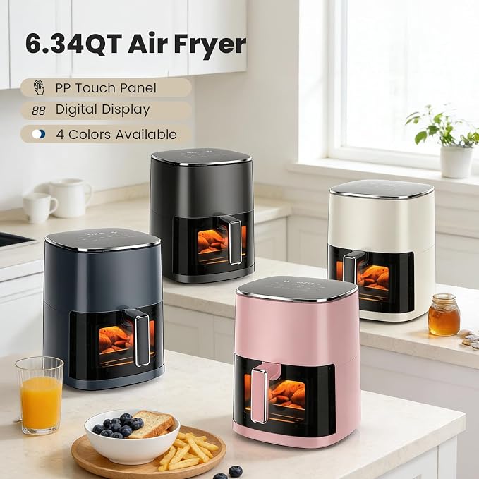 Sweetcrispy 6QT Air Fryer with Window, Square Airfryer Oven 12-in-1 for Family, 400°F Rapid Air Crispy Technology, Roast Bake Dehydrate, Nonstick & Easy-Clean Basket, Off-White