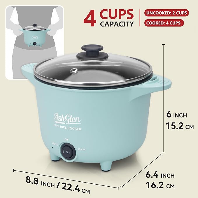 AshGlen Small Rice Cooker 2-Cup uncooked/ 4-Cup Cooked, Mini Hot Pot Electric, Mini Electric Pot, Ceramic Rice Cooker, Small Rice Steamer, Noodle & Oatmeal Cooker, Dual Modes, Single Serve, Aqua