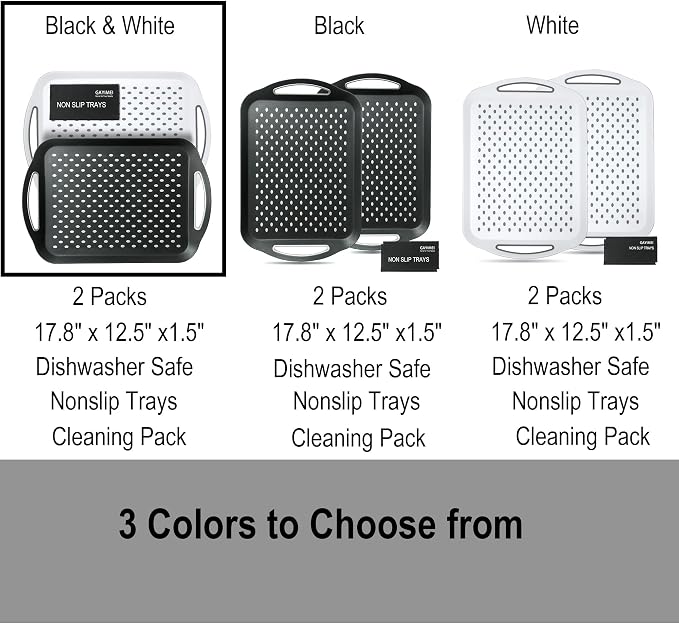 Large Anti-Slip Serving Tray with Handles, Dual Rubber Grippy Lap Food Trays for Eating, Dinning, Breakfast, on Couch/TV, Black & White - Set of 2