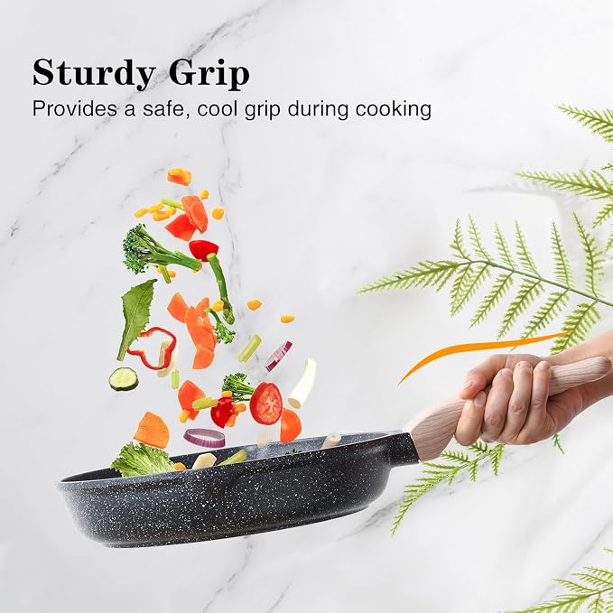 Kordisen Nonstick Frying Pan Set with Lids, 3 Piece Skillet Set, Healthy Induction Cooking Pan, Stay-Cool Handle, Compatible with All Stovetops, PFOA Free (8, 9.5, 11 Inch)