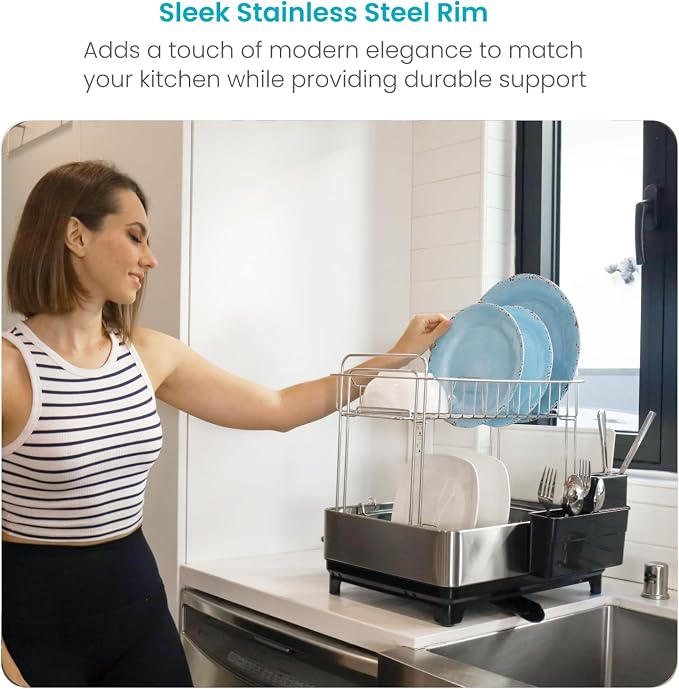 Home Zone Living Dish Drying Rack for Kitchen Counter with 2-Tiers | Stainless Steel with Drip Tray, Extendable Water Drainage Pipe, and Holders for Utensils, Wine Glasses and Cutting Board