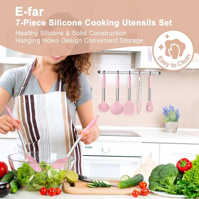 E-far Silicone Cooking Utensils Set, 7-Piece Khaki Kitchen Utensils Set | Heat Resistant Nonstick Cookware with Stainless Steel Handle, Slotted Turner, Spoon, Soup Ladle, Pasta Server, Skimmer, Tongs