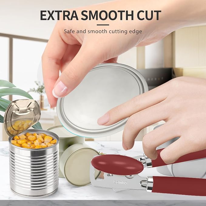 Safring Can Opener Manual, Heavy Duty Stainless Steel Smooth Edge Can Openers With Soft Touch Handle, Oversized Handheld Easy Turn Knob, Multi-Function Bottle Opener, Red