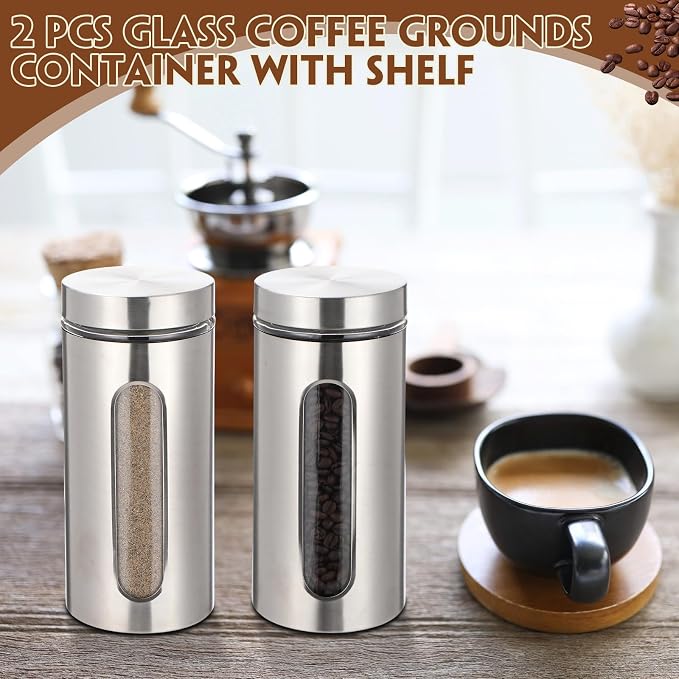 Stainless Steel Coffee Grounds Canisters Container with Shelf | 2 x 50oz, Sugar Coffee Bean Storage Container Set, Airtight Threaded Lid, Glass Window, Scoop, Kitchen Jar for Coffee Bar