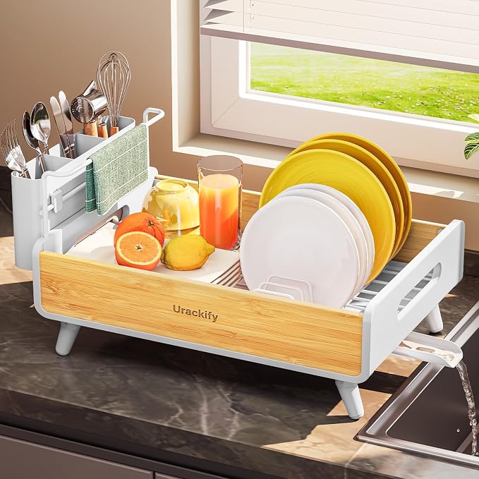 Urackify Modern Dish Rack for Kitchen Counter,Stainless Steel&Bamboo,White | Elegant Bamboo Accent, Large Capacity, Self-Draining Spout, Rust-Resistant, Removable Utensil Holder