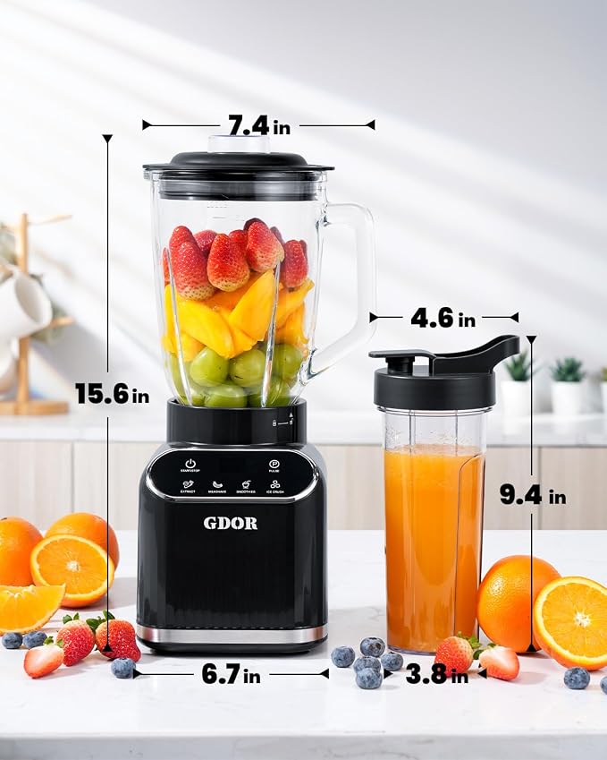 GDOR Smoothie Blender for Kitchen,1200W Glass blender with 5 Smart Programs | Professional Blender with 52oz Jar & 24oz To-Go Cup, 6-leaf Blade for Ice Cubes, Frozen Fruits, and Shakes, Self-Clean, Black