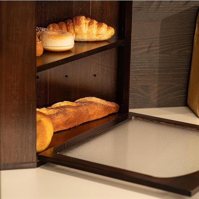 Corner Bread Box for Kitchen Countertop, Solid Wood, Walnut | 2-Tier Large Capacity, Wooden Bread Box, Vintage Farmhouse Breadbox, Pine Wood, Bread Storage Container, Adjustable Shelf