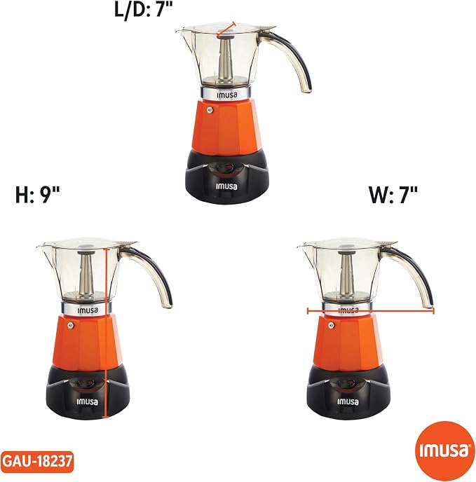 IMUSA 6 or 3 Cup Electric Espresso Maker with Cool-Touch Handle, Orange | Bare Aluminum Finish, Cool-Touch Handle with Visual Indicator, Makes Espresso, Ideal for Everyday Use and Gifts