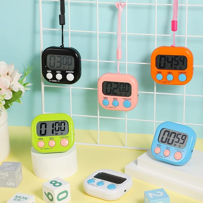Weewooday 24 Pcs Small Digital Kitchen Timer Magnetic Back and Switch Minute Second Count up Countdown Big LCD Display Loud Alarm for Teacher Cooking Baking (Colorful)