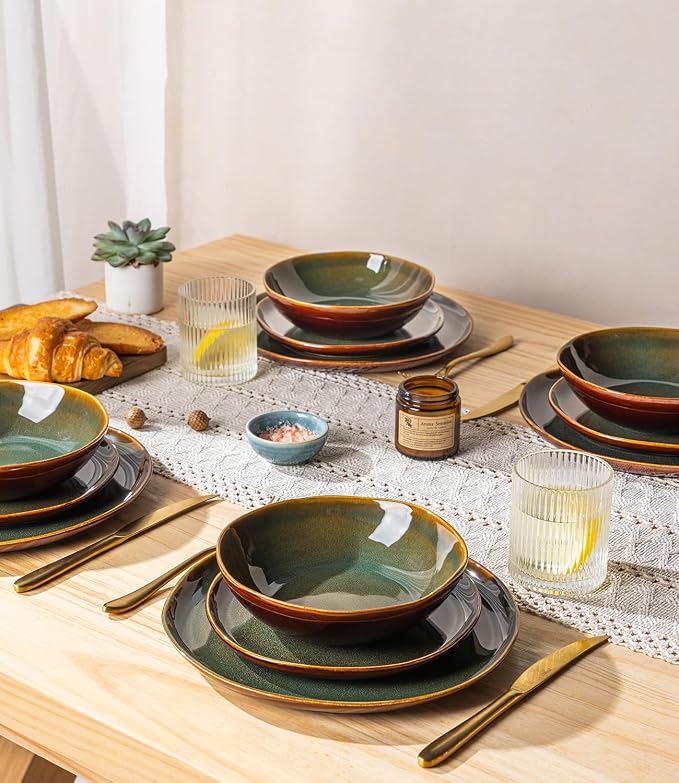 GBHOME Stoneware Dinnerware Sets for 4,12 Piece Rustic Plates and Bowls Set | Earthenware Handmade Reactive Glaze Plate Sets, Chip Resistant Ceramic Dishes, Microwave & Dishwasher Safe, Olive Maroon