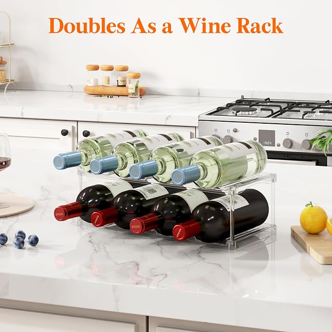 Lifewit Stackable Bottle Storage Organizer, Clear Freestanding Wine Holder for Cabinet, Large Slot Water Bottle Tumbler Cup Organizer for Pantry, Plastic Wine Rack for Fridge Cellar, 2Tier Hold 8