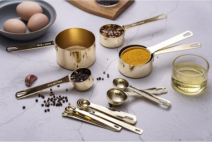 16 Pcs Stainless Steel Measuring Cups & Spoons Set, Gold | Heavy Duty Metal, 5 Cups, 6 Tbsp Tsp Spoons, 5 Mini Spoons, For Kitchen Cooking Baking