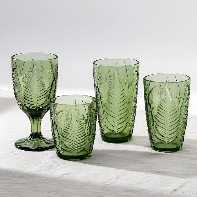 Green Drinking Glasses Set of 8 - 12 & 10 oz, Vintage Boho Fern Glass Cups | Hand-Pressed, Dishwasher Safe, Leaf-Textured Glassware, Colored Embossed Highball & Lowball Tumblers for Water, Retro Kitchen