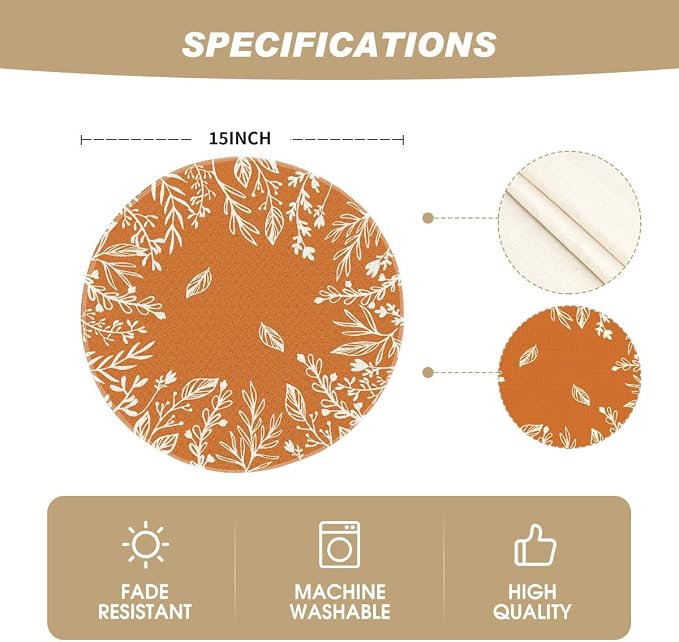 Artoid Mode Eucalyptus Leaves Round Fall Placemats Set of 4-14 Inch | Heat-Resistant, Washable Table Mats, Seasonal Autumn Kitchen Dining Decor