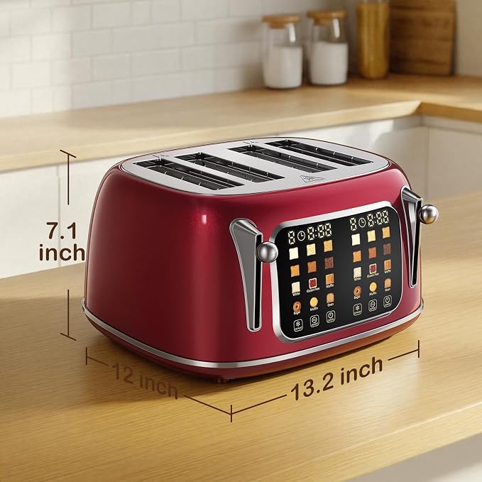Mecity Toaster 4 Slice, Touch Screen Wide Slot Retro Toaster For Breads Bagel Muffin Waffle, House Warming Gift New Home, 120V 1650W, Red Pearl