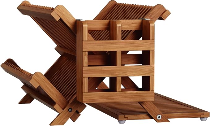 Greenual Teak Dish Drying Rack with Utensil Holder, 3 Tier Collapsible Dish Rack, Wooden Dish Racks for Kitchen Counter, Large Folding Drying Holder with Absorbent Dish Drying Mat