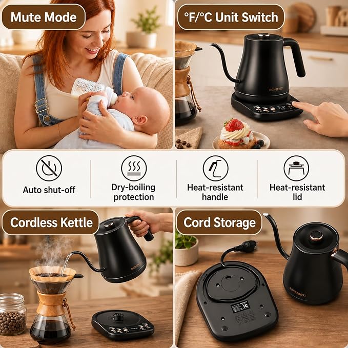 1L Electric Gooseneck Water Kettle with 6 Temperature Control Presets | Stainless Steel Inner & Lid, 2H Keep-warm,1200W Quick Boiling for Pour Over Coffee & Tea Pot, Auto Shut-off, Matte Black