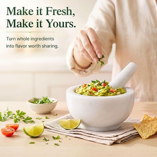 Flexzion Marble Mortar and Pestle Set - Solid Granite Stone Grinder Bowl Holder 5.5 Inch for Guacamole, Herbs, Spices, Garlic, Kitchen, Cooking, Medicine (White) | Crush Herbs, Garlic and Spices or Make Guacamole; The 1-1/4-Cup Bowl Has Thick Walls and...