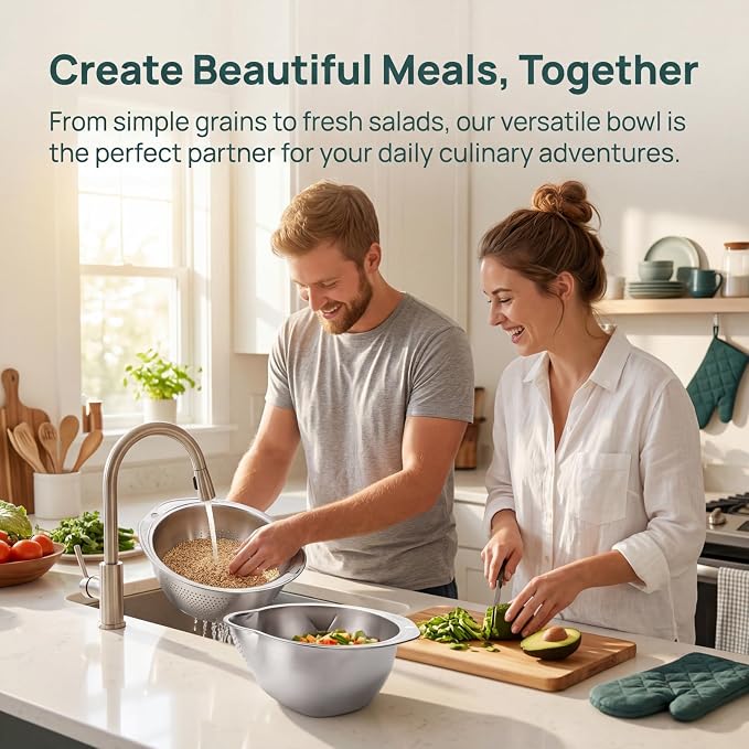 2 Pack Rice Washer Strainer Bowl, Stainless Steel Colander | Kitchen Washing Bowl with Side Drainers, Versatile Tool Accessories for Cleaning Fruit, Vegetables, Beans, Pasta