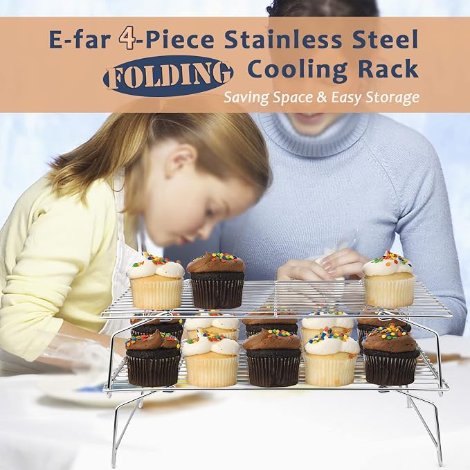 E-far 4-Tier Stainless Steel Cooling Rack, 15”x10.1" for Cooking and Baking | Stackable Wire Cooling Rack with Folding Leg, Non-toxic for Baking Cooking Cookies, Oven Safe & Dishwasher Safe