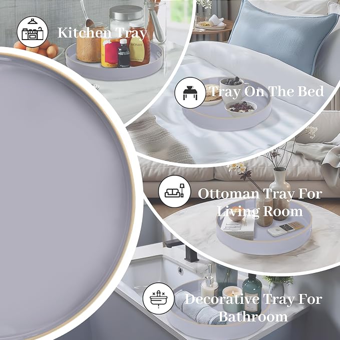 13" Gray Decorative Tray, Plastic Round Serving Tray with Handles | Grey Decorative Tray for Coffee Table, Modern Ottoman Tray, Circle Tea Tray, Round Melamine Tray for Living Room, Bathroom