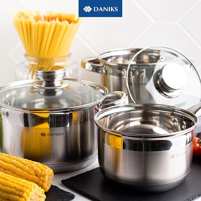 Daniks Standard 7 Quart Stainless Steel Stock Pot with Glass Lid, Tri-Ply Bottom for Even Heating, Induction Compatible, Dishwasher Safe, Built-In Measuring Scale, Silver